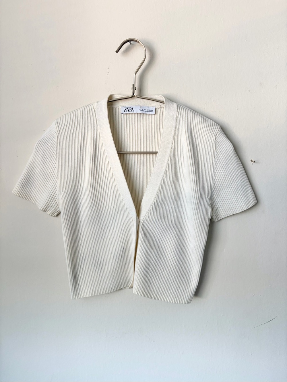 Zara Cream Ribbed Short Sleeve Crop Top
